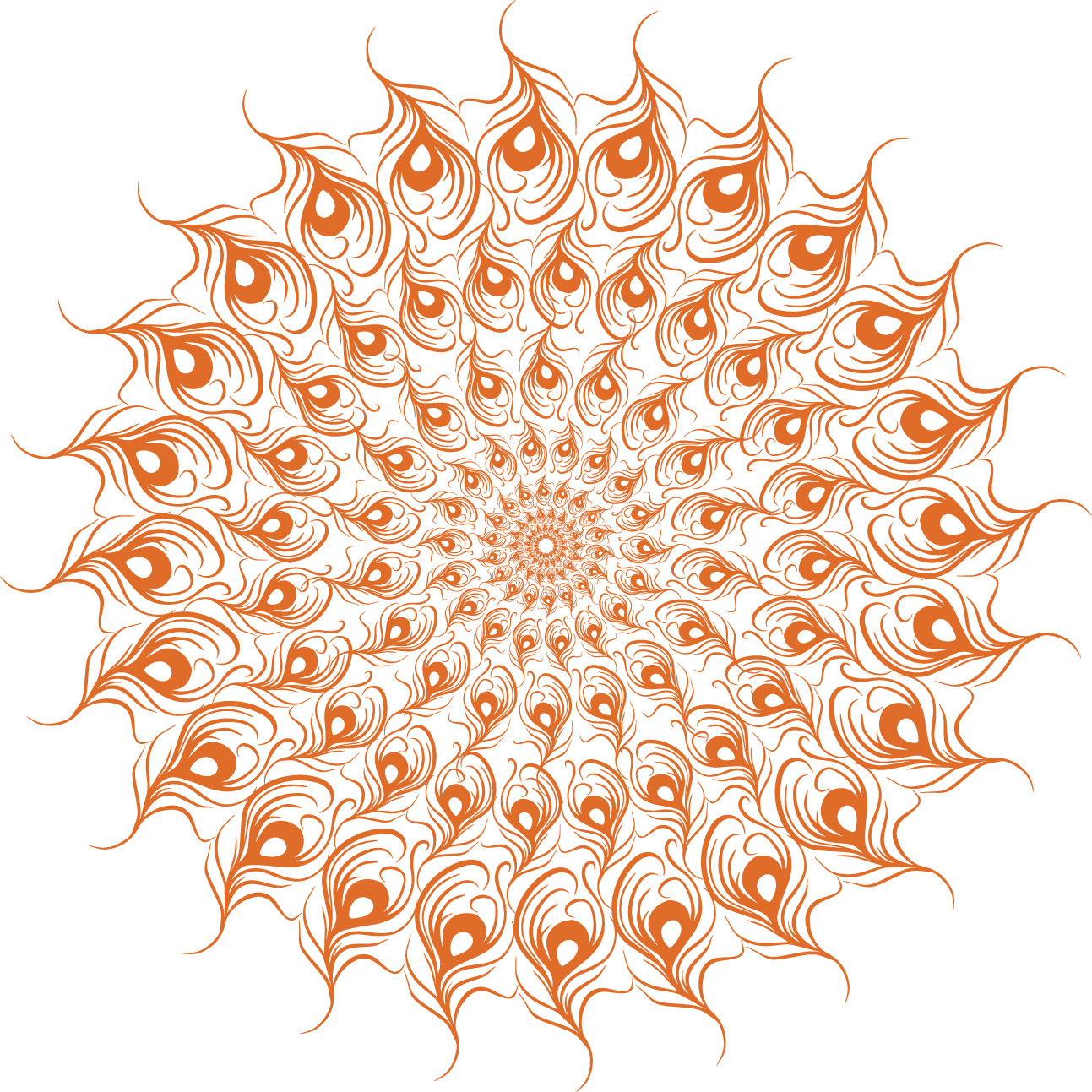 Orange mandala design featuring intricate radial petal patterns on a dark green background.