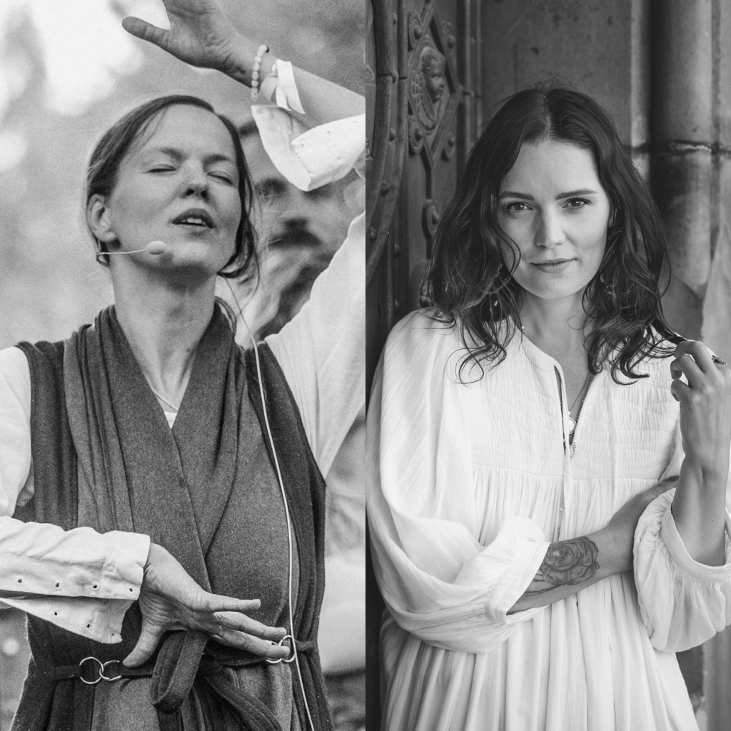 Lilie, eyes closed in meditation, alongside Lucie, poised looking forward, embodying wellness.