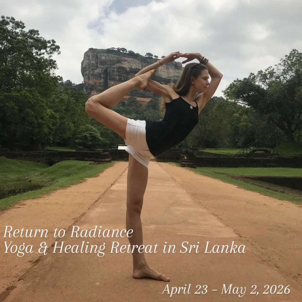 Woman in a yoga pose before Sigiriya Rock. Text: Return to Radiance Yoga & Healing Retreat in Sri Lanka, April 23 - May 2, 20